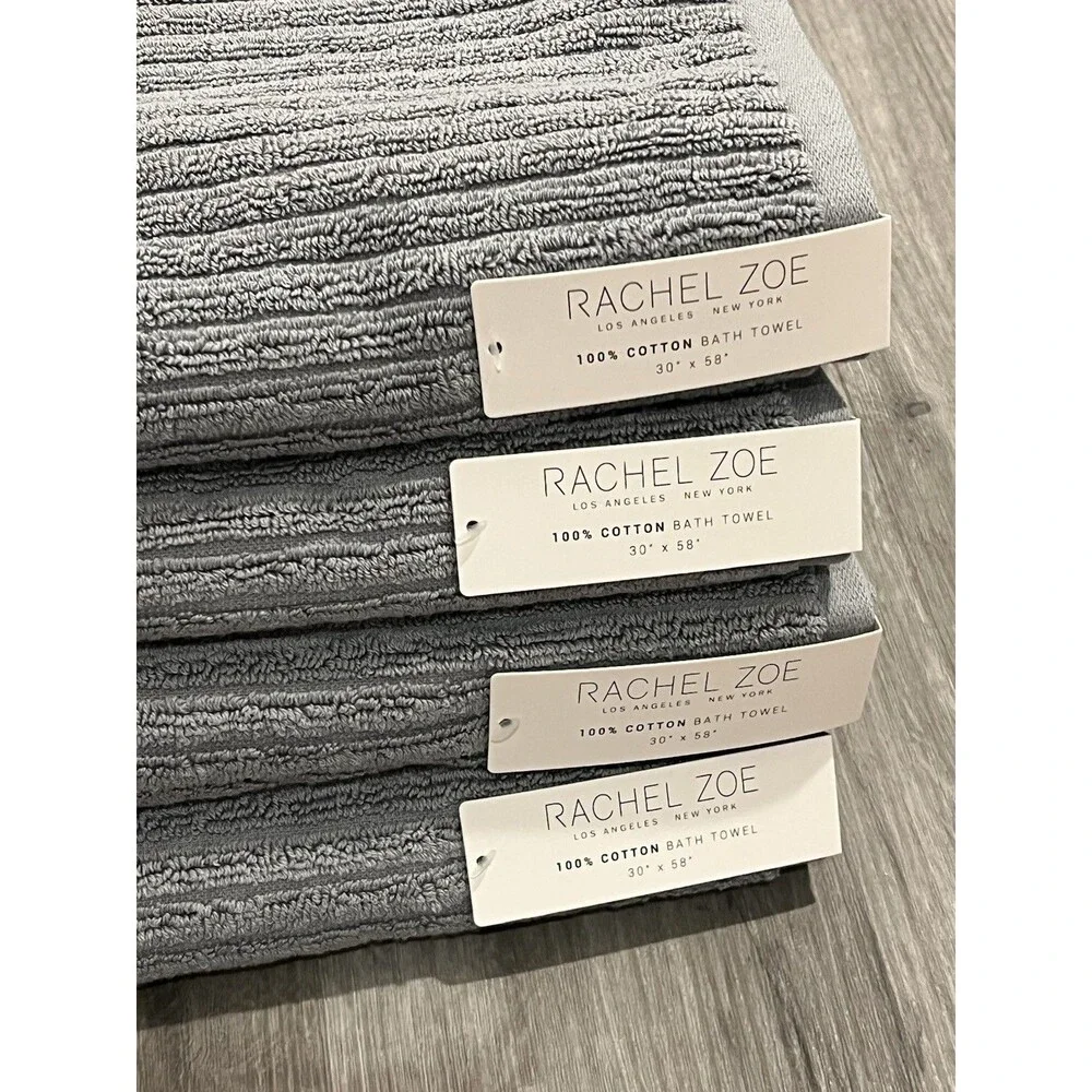 4 Piece Rachel Zoe Bath Towel Set Gray Solid Ribbed Texture New